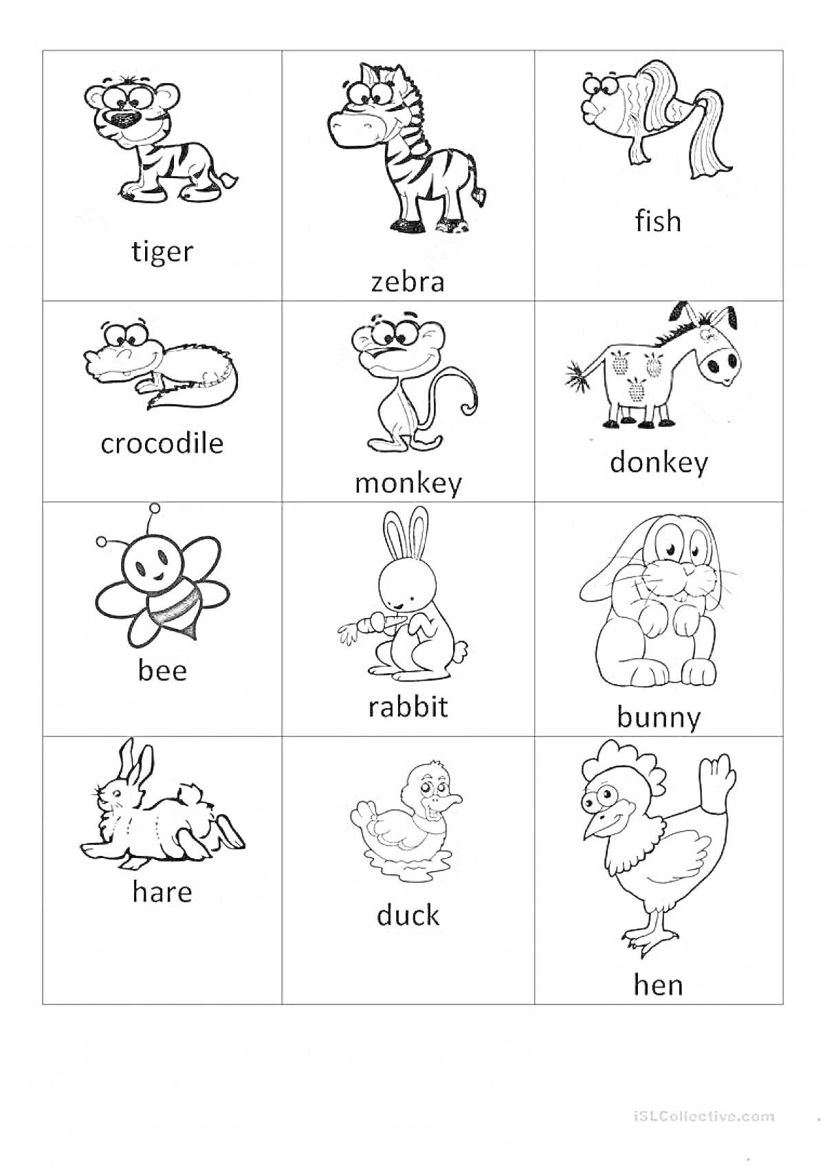 Раскраска 12 раскрасок с животными (тигр, зебра, рыба, крокодил, обезьяна, осел, пчела, кролик, зайчик, заяц, утка, курица)