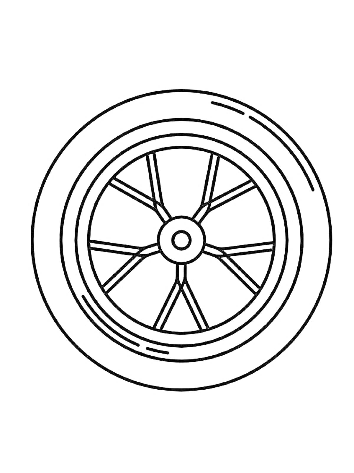 Раскраска Раскраска с изображением колеса с десятью спицами и центральным креплением