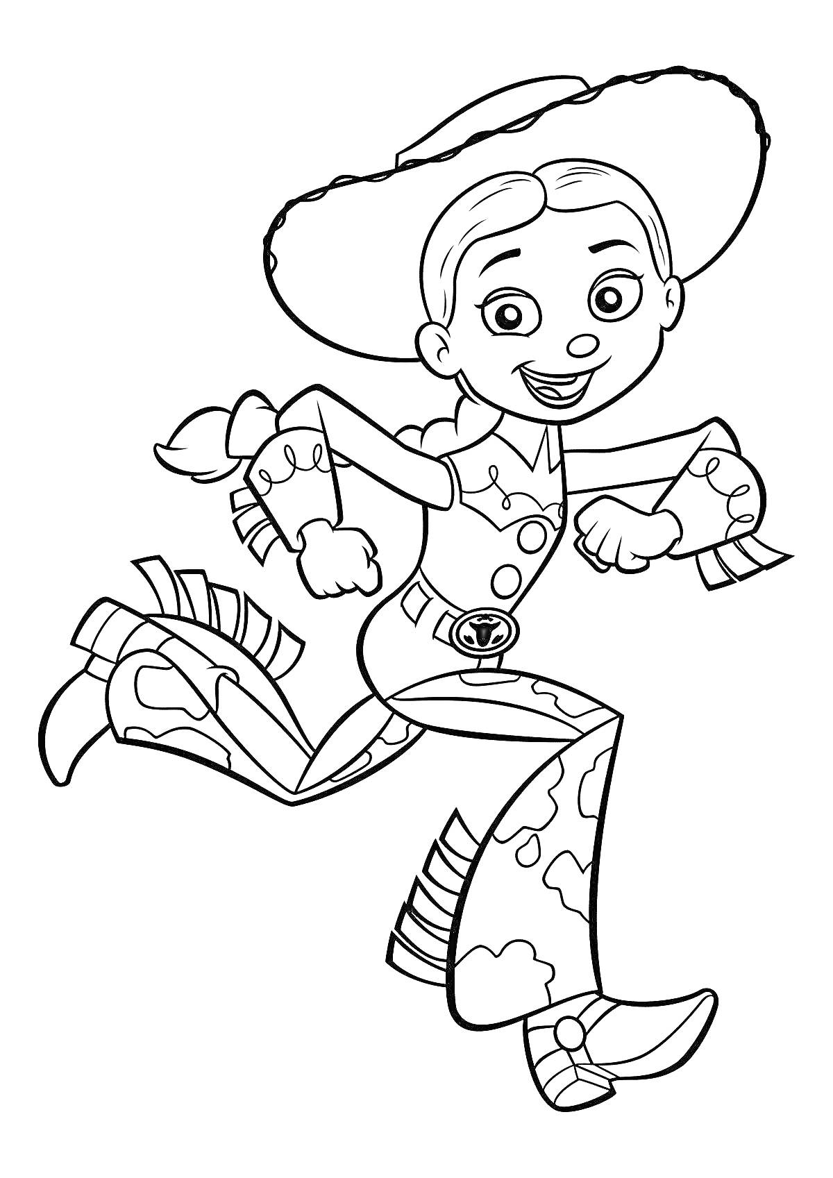 Раскраска Джесси в ковбойской шляпе и ковбойском костюме с массивным поясом и ковбойскими сапогами