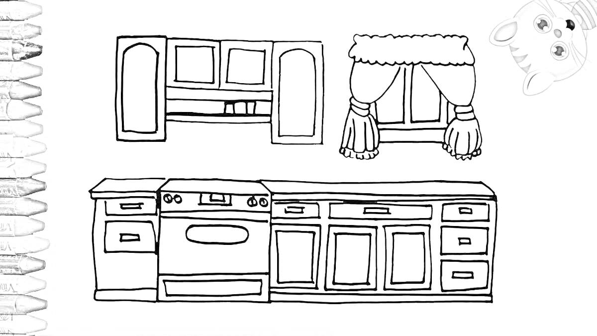 Раскраска Кухня для детей с шкафчиками, плитой, окном с занавесками и котенком