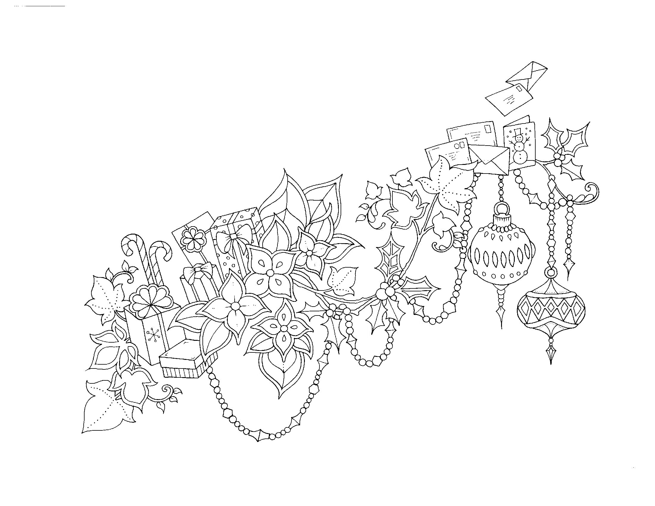 Раскраска Зимний букет с цветами, елочными шарами, подарками, звездами, зёрнами, леденцами и гирляндами