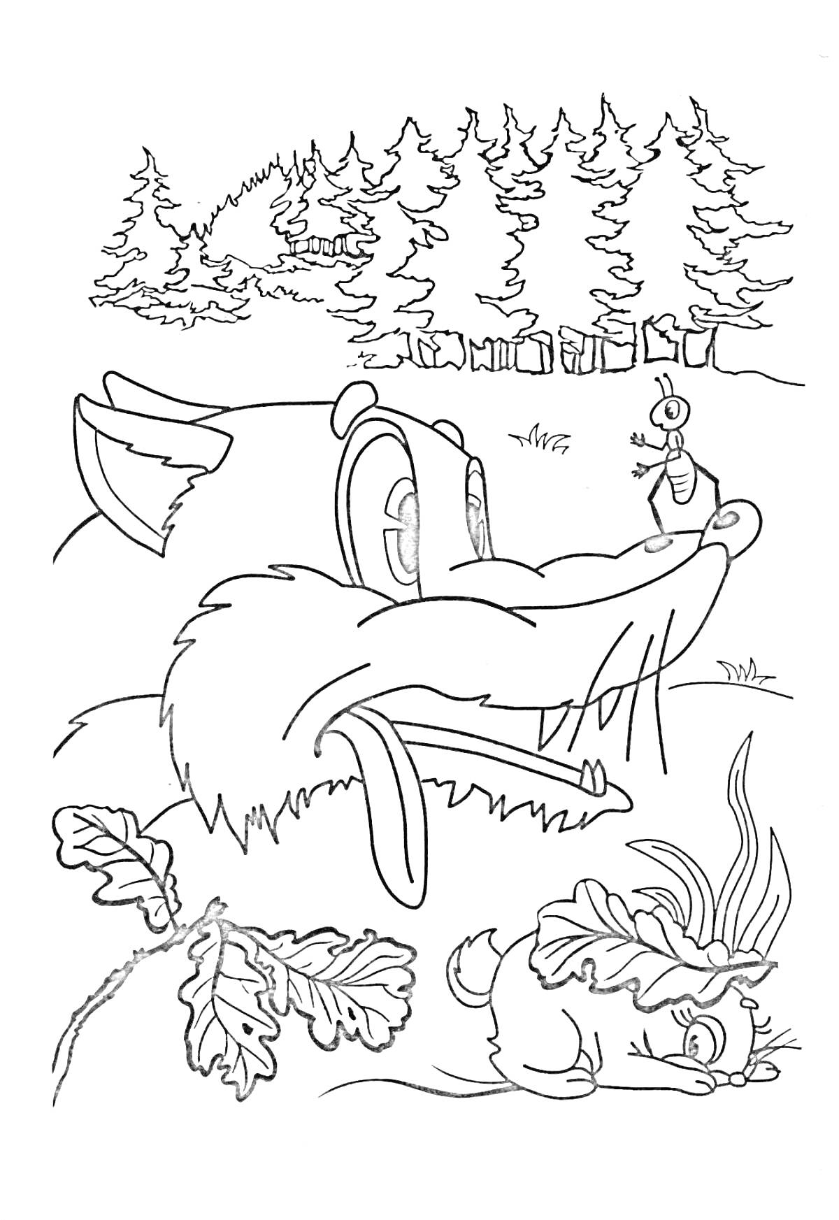 На раскраске изображено: Лиса, Лес, Деревья, Муравей, Листья, Природа, Животные, Мышь