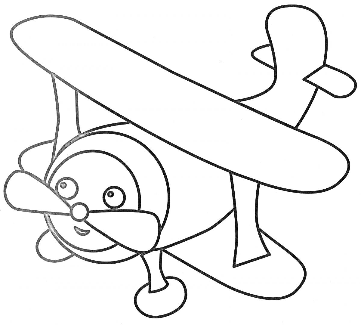 Раскраска Двухкрылый самолет с лицом, пропеллером и шасси