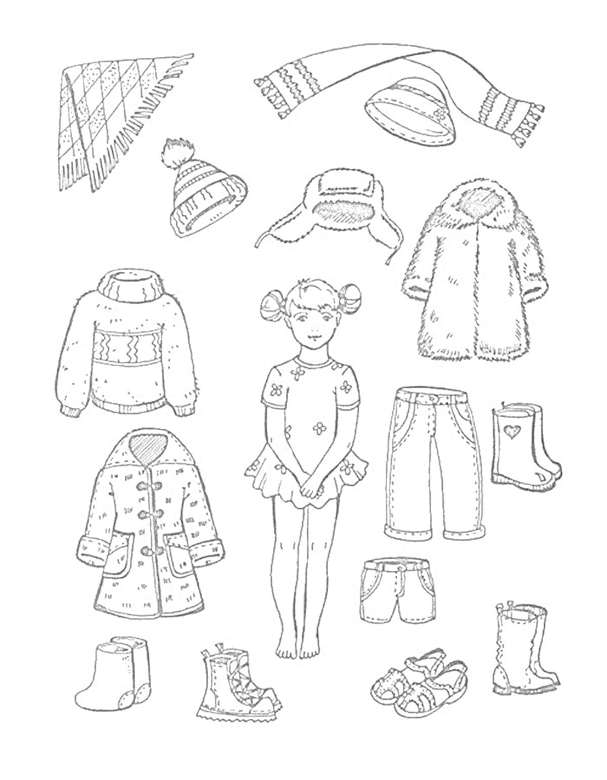 Девочка в платье среди детской верхней одежды и обуви: шапка с помпоном, ушанка, шляпа, шарф, пальто с капюшоном, свитер, длинное пальто с пуговицами, джинсы, ботинки, туфли, сапоги и босоножки.