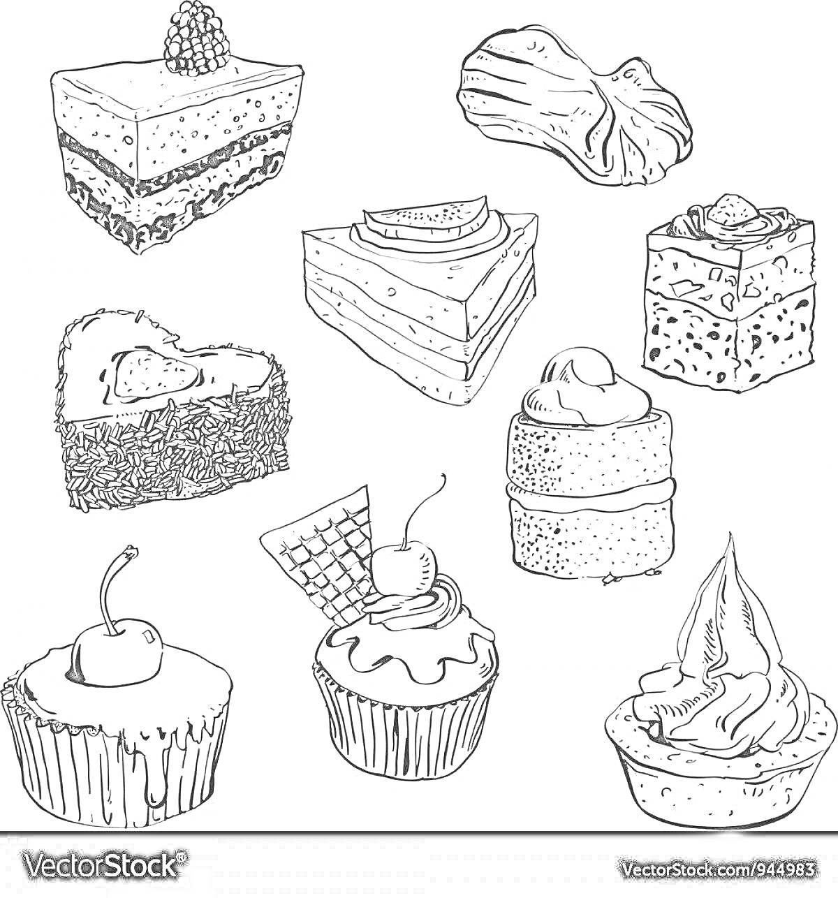Раскраска пирожное с малиной, эклер, торт-мороженое, кусок шоколадного торта с кремом, кусок торта с глазурью, квадратный торт с орехами и кремом, капкейк с вишней и вафелькой, капкейк с вишней и кремом, десерт в креманке