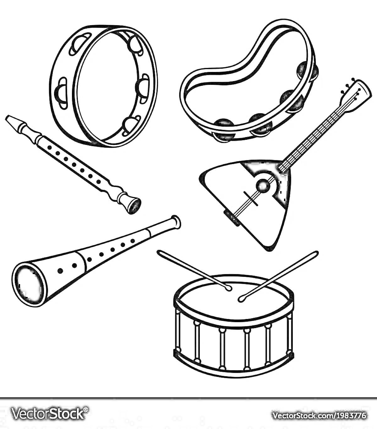 На раскраске изображено: Русские народные инструменты, Балалайка, Барабан, Ложка, Флейта, Бубен, Музыка