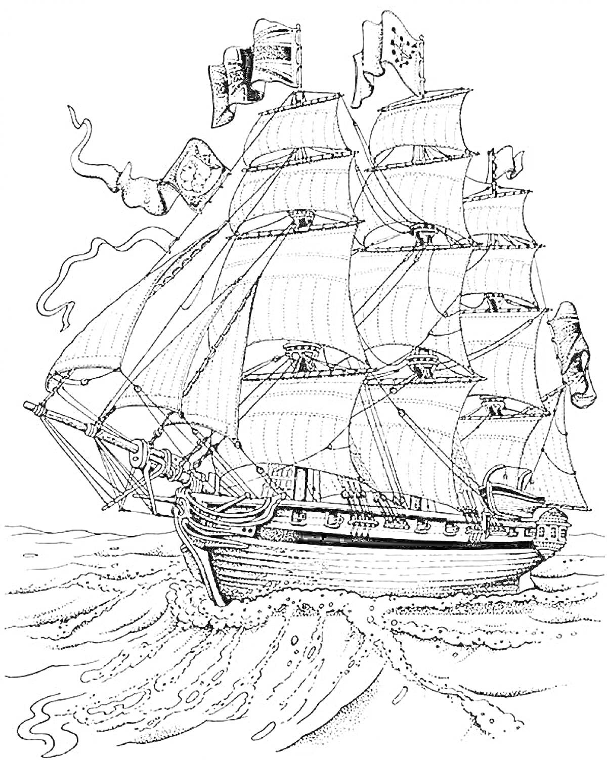 На раскраске изображено: Корабль, Море, Волны, Паруса, Мореплавание, Для мальчиков