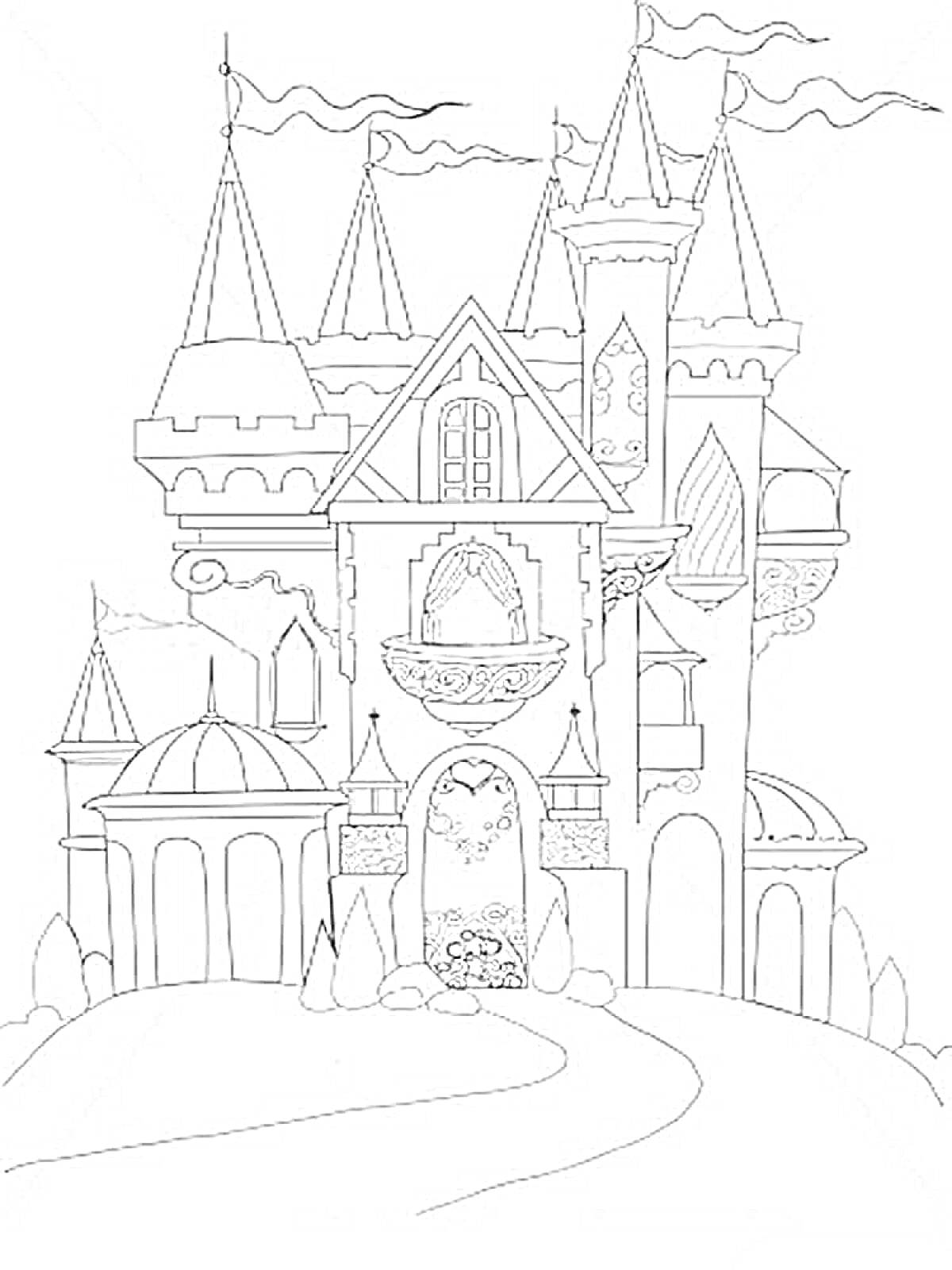 На раскраске изображено: Замок, Башни, Арка, Окна, Балкон, Кусты, Флаг, Дверь, Крыша, Дороги