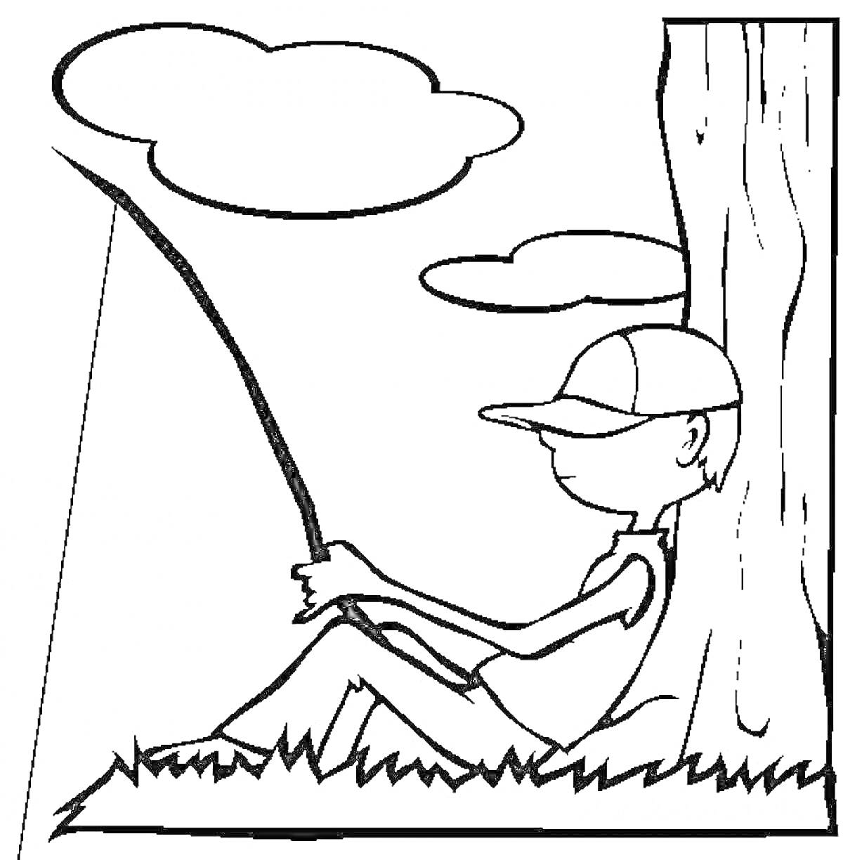 Раскраска Мальчик под деревом с удочкой, облака