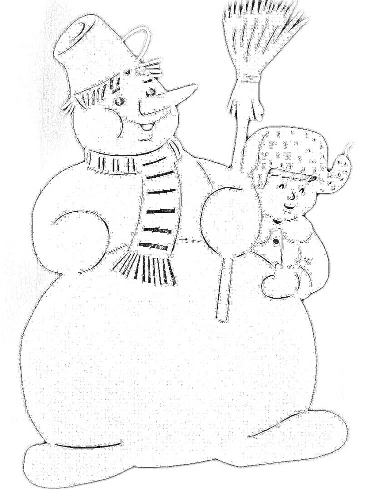 На раскраске изображено: Мальчик, Метла, Шапка, Зима, Шарф