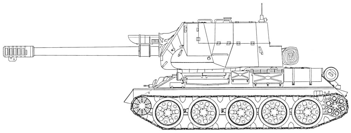 На раскраске изображено: Танк, Т-34-85, Военная техника, Колёса, Ствол, Бронетехника