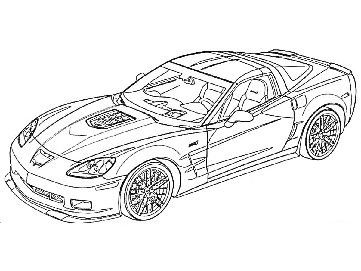 Раскраска Спортивный автомобиль с агрессивным дизайном, деталями кузова, воздуховодом на капоте, большими колесами и видимыми дверными ручками