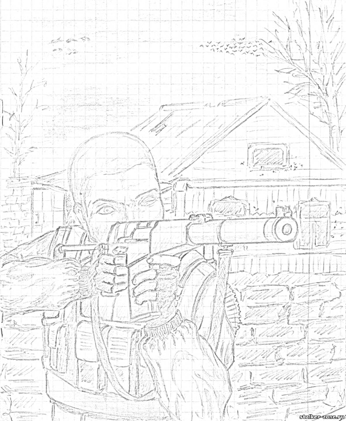 На раскраске изображено: Сталкер, Оружие, Винтовка, Сельский дом, Деревья, Небо, Военная форма