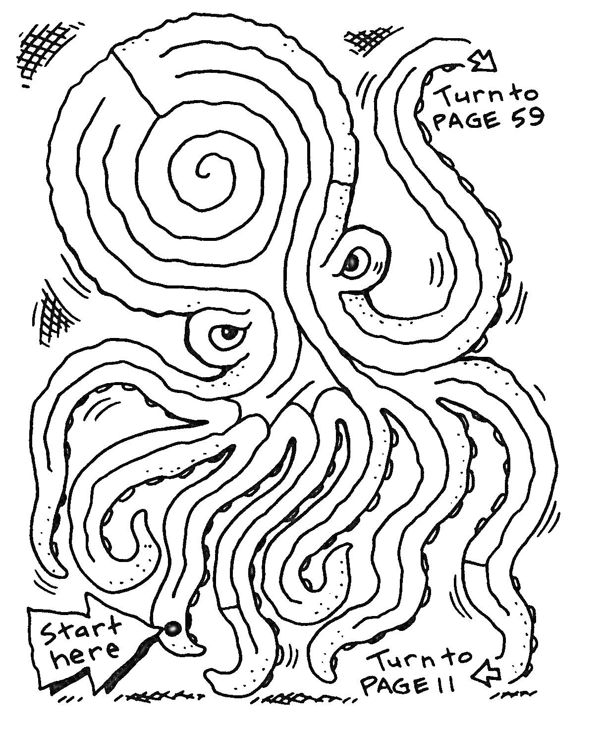 РаскраскаЛабиринт в форме осьминога с указателями на страницы 59 и 11