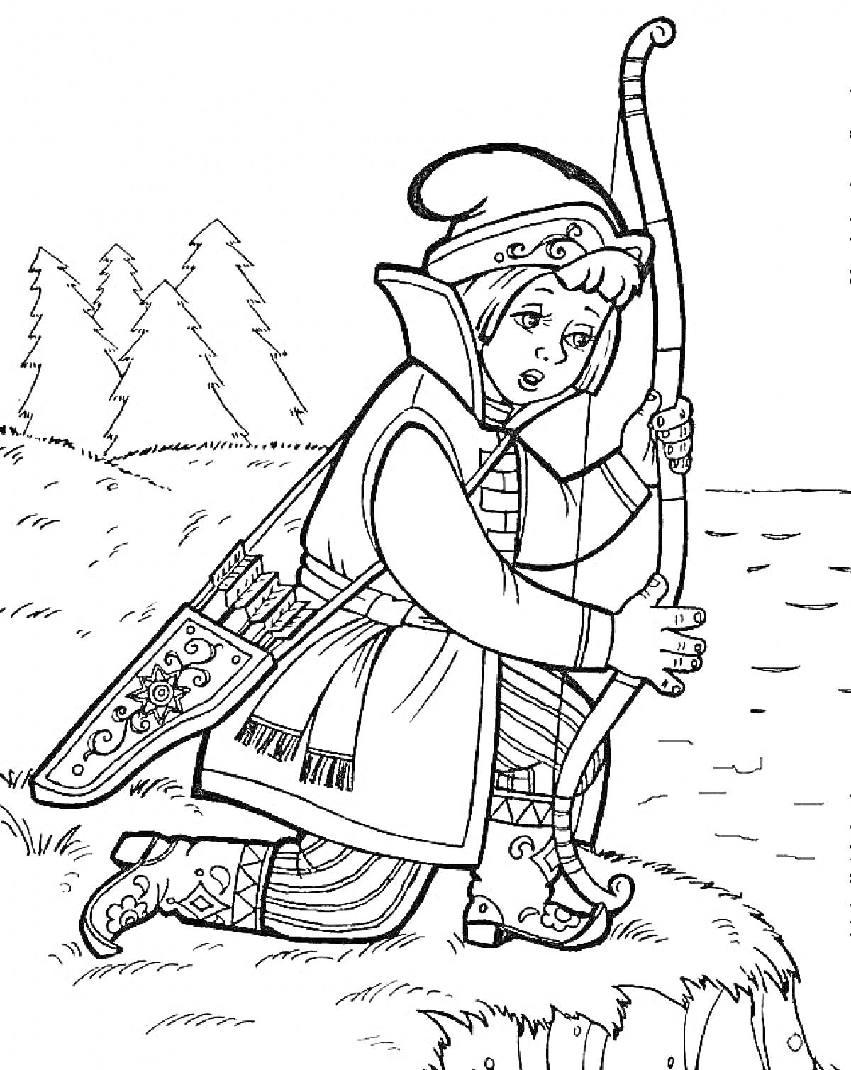 Раскраска Принц с луком и колчаном стрел у реки, на фоне леса