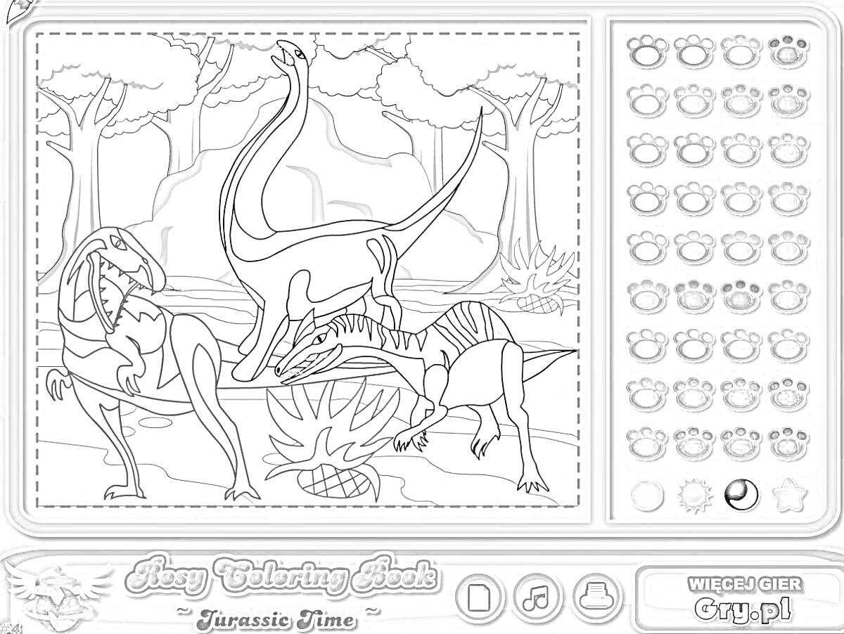 Раскраска Три динозавра в лесу
