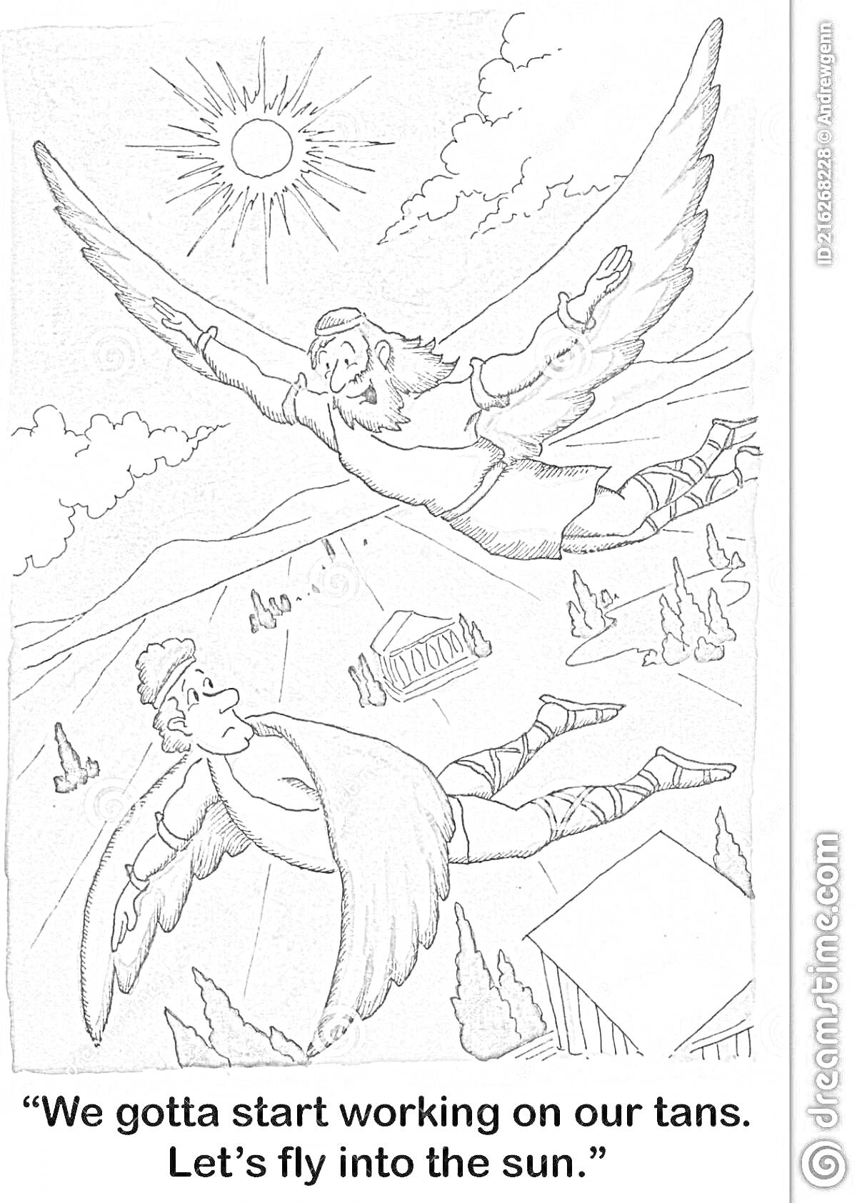 РаскраскаДедал и Икар, летящие с крыльями, солнце на заднем плане, деревья и здания внизу, облака
