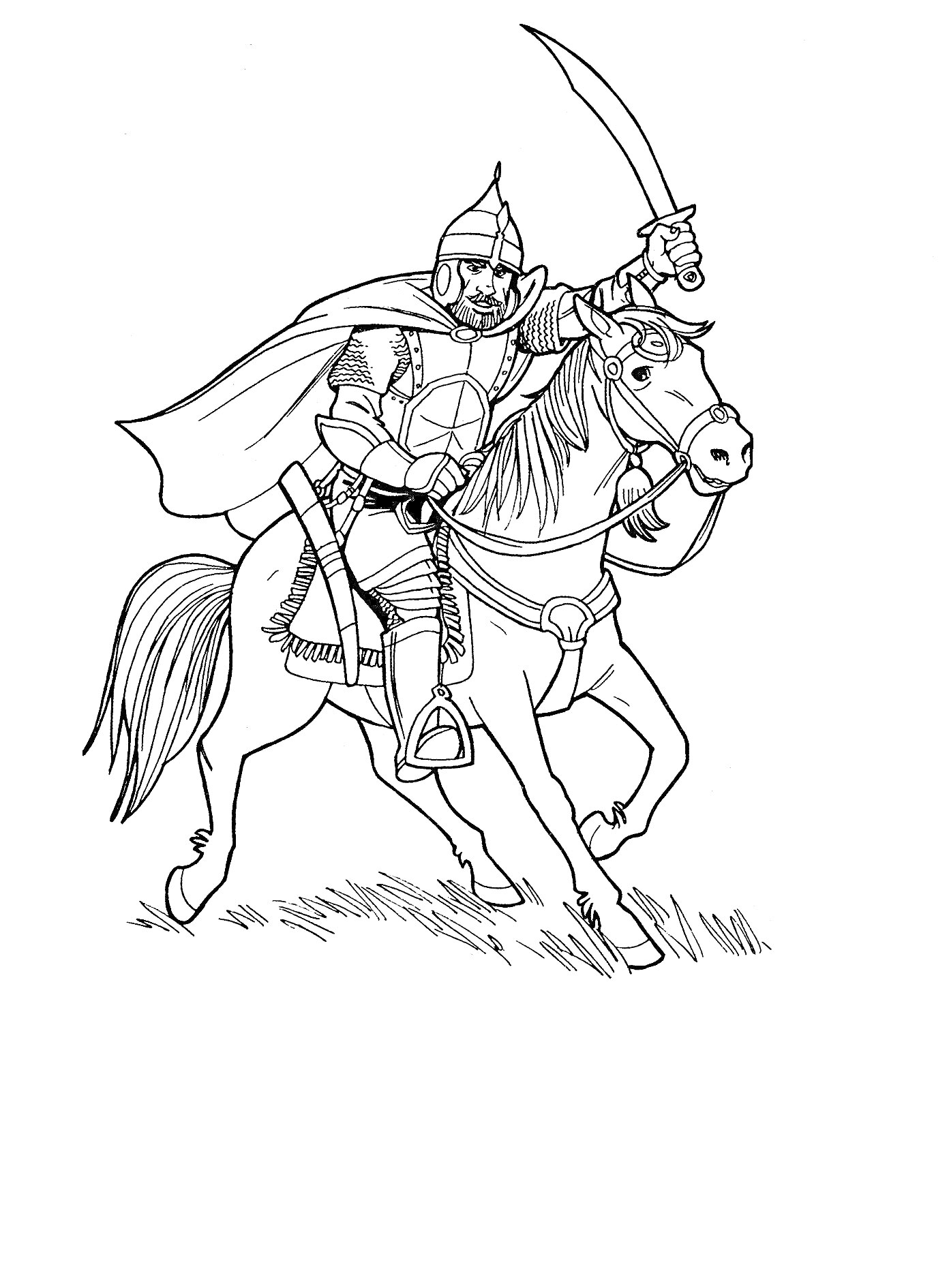 Раскраска Богатырь на коне с поднятым мечом