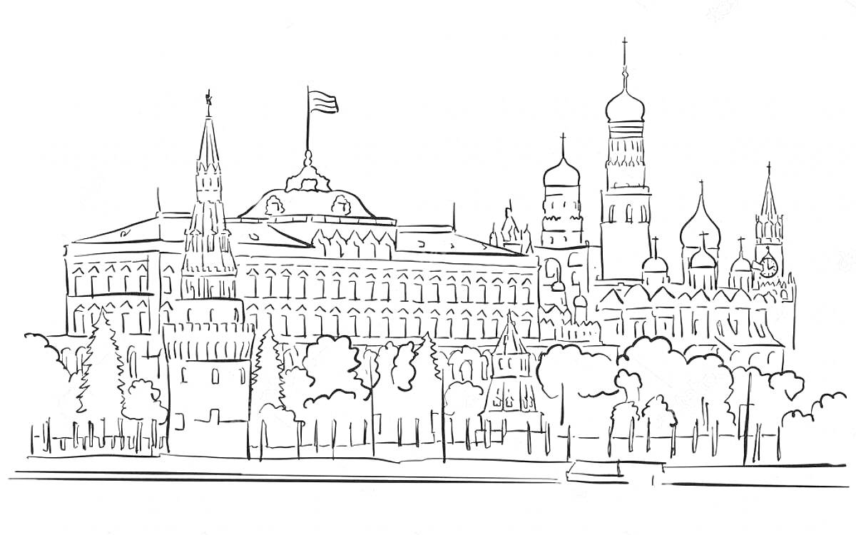 На раскраске изображено: Кремль, Москва, Архитектура, Башни, Купола, Флаг