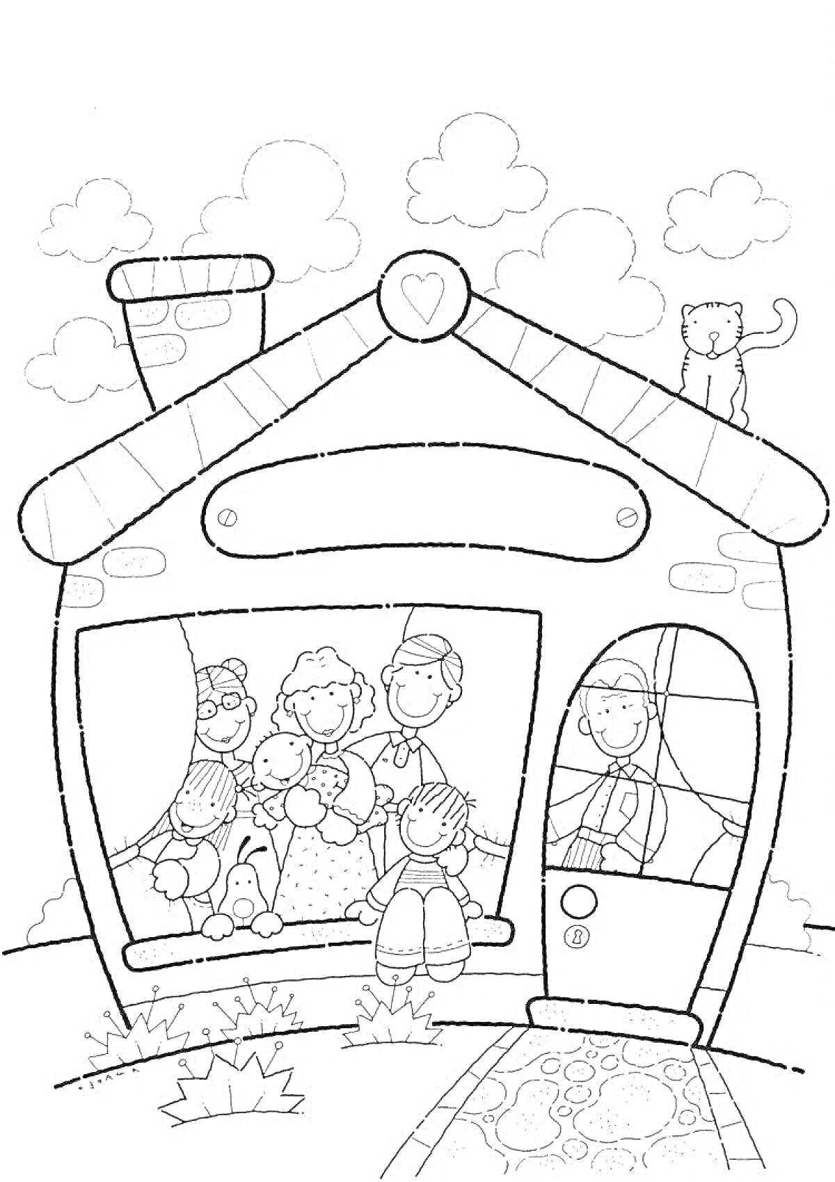 На раскраске изображено: Дом, Семья, Родители, Крыша, Облака, Кусты