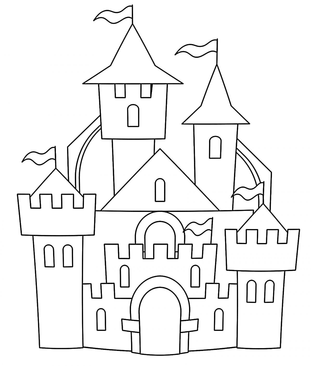 Раскраска Замок с башнями, флагами и воротами