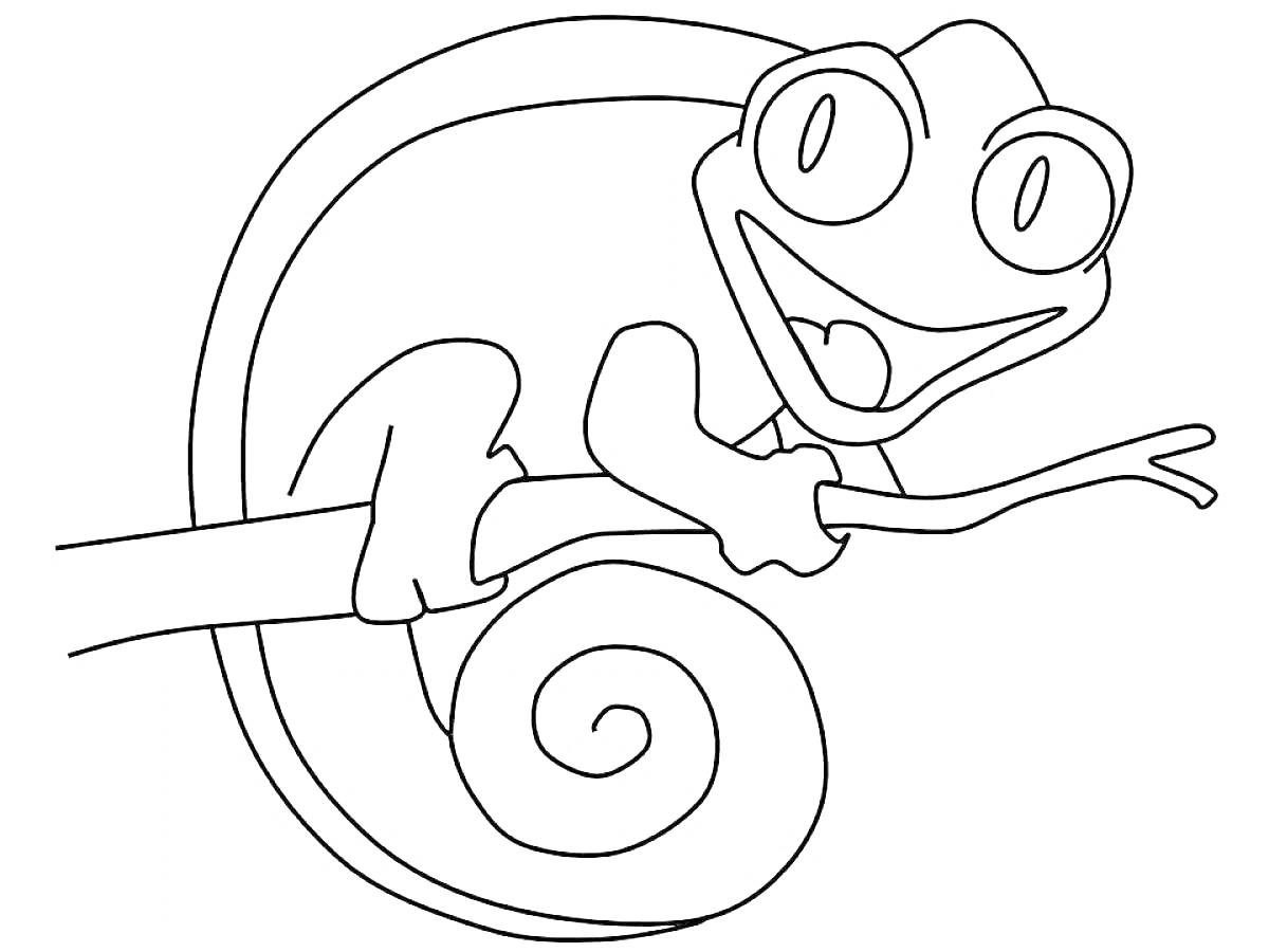 Раскраска Хамелеон на ветке с завернутым хвостом