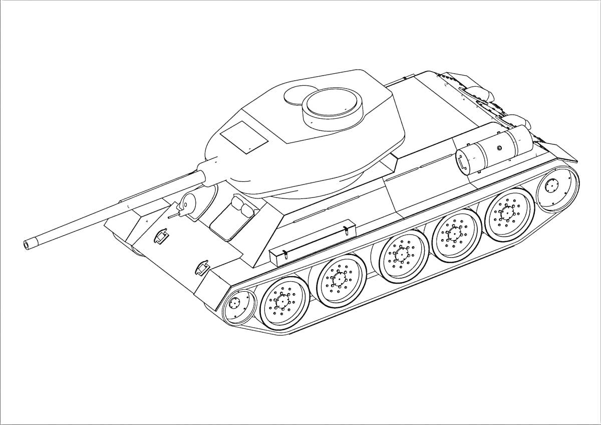 Раскраска танка Т-34-85 с пушкой, башней, гусеницами и деталями корпуса