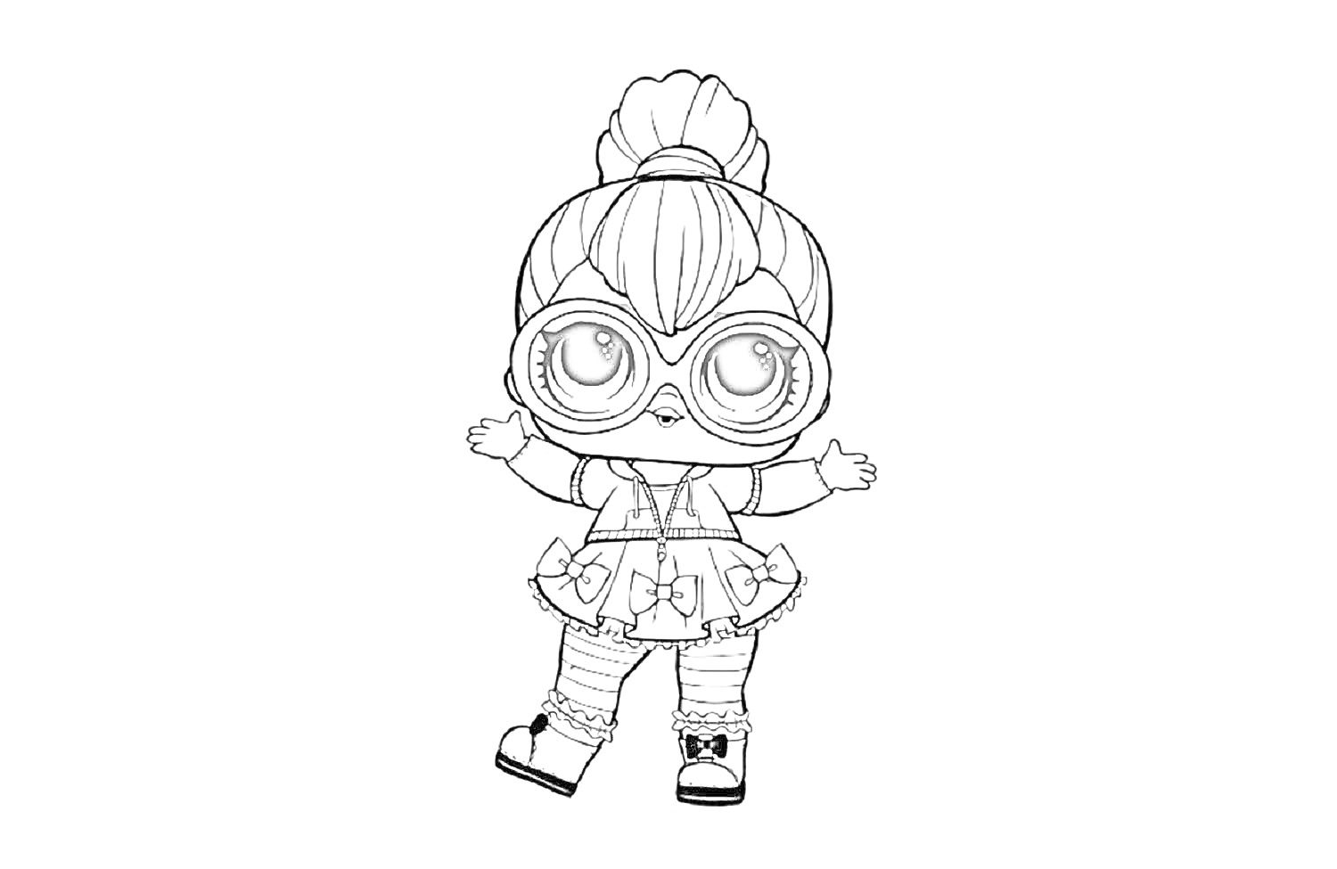 Раскраска Кукла Лол в платье с бантиками, в очках, с собранными волосами и в туфлях