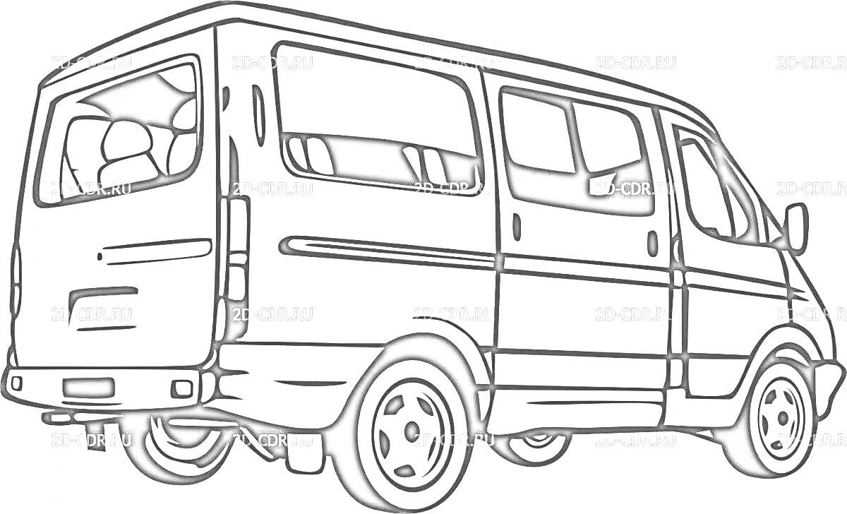 На раскраске изображено: Микроавтобус, Кузов, Транспорт, Окна, Колёса
