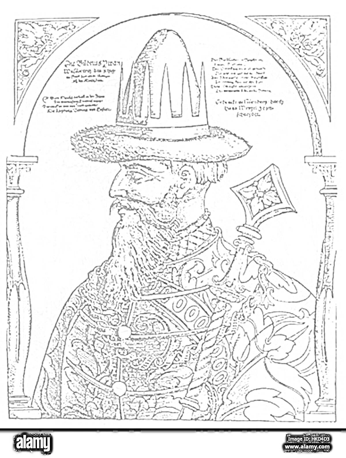 Раскраска Иван Грозный в шапке и скипетром, гравюра