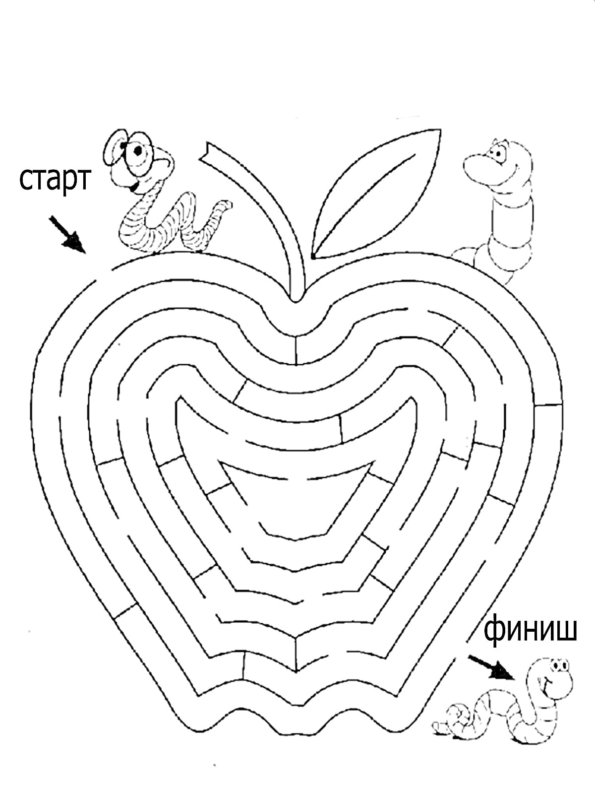 Раскраска Лабиринт в форме яблока с двумя червяками, старт и финиш