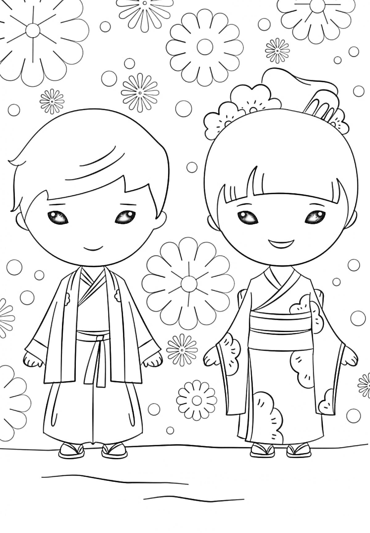 Раскраска Девочка в кимоно и мальчик в традиционной одежде на фоне цветов