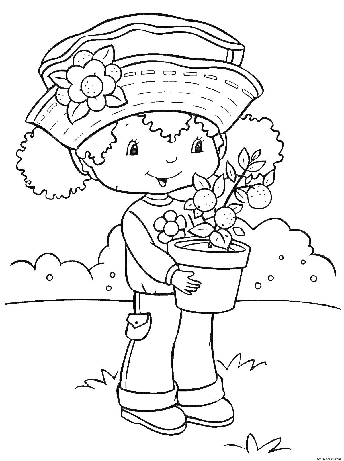 На раскраске изображено: Мальчик, Сад, Цветы, Цветочный горшок, Природа, Для детей