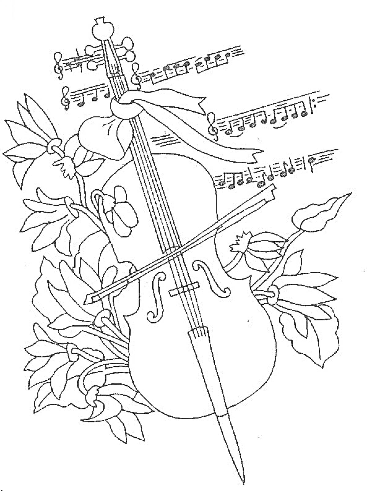 На раскраске изображено: Скрипка, Цветы, Ноты, Музыка, Инструмент, Лента, Листва, Узоры