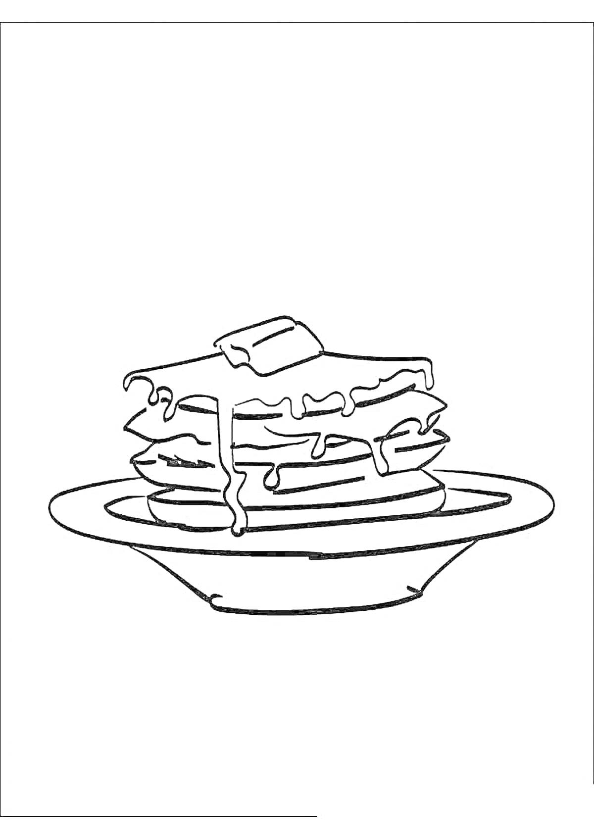 На раскраске изображено: Тарелка, Масло, Сироп, Еда, Завтрак, Кухня