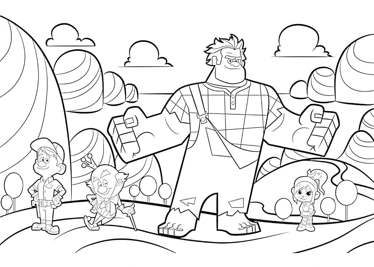 Раскраска Четыре анимационных персонажа на фоне пейзажа с холмами и деревьями с облаками на небе
