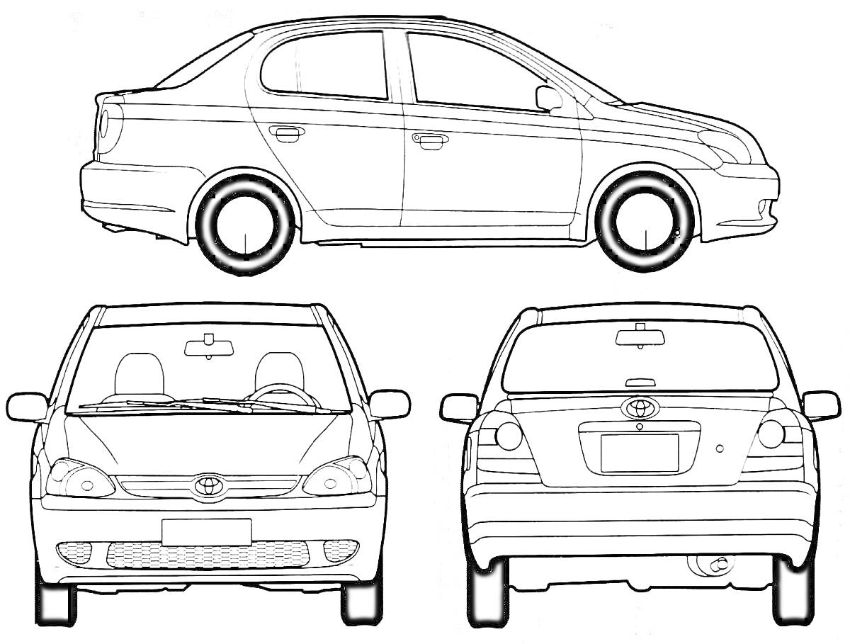 Раскраска Toyota Prius — вид сбоку, спереди и сзади