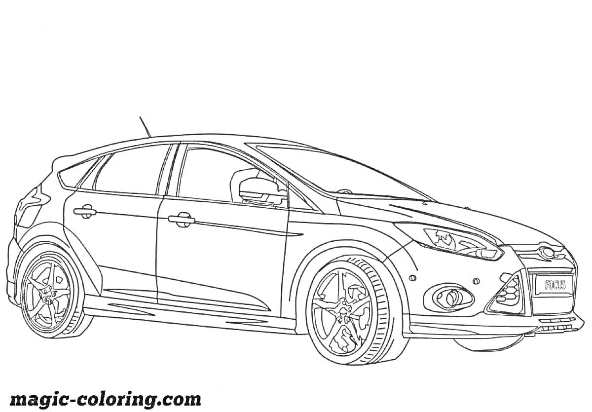 На раскраске изображено: Ford Focus, Колёса, Фары, Номерной знак, Линии