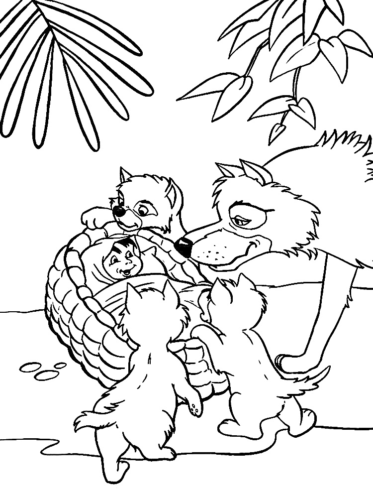 Раскраска Маугли в корзине с волчонком, окруженный взрослыми волками и листвой
