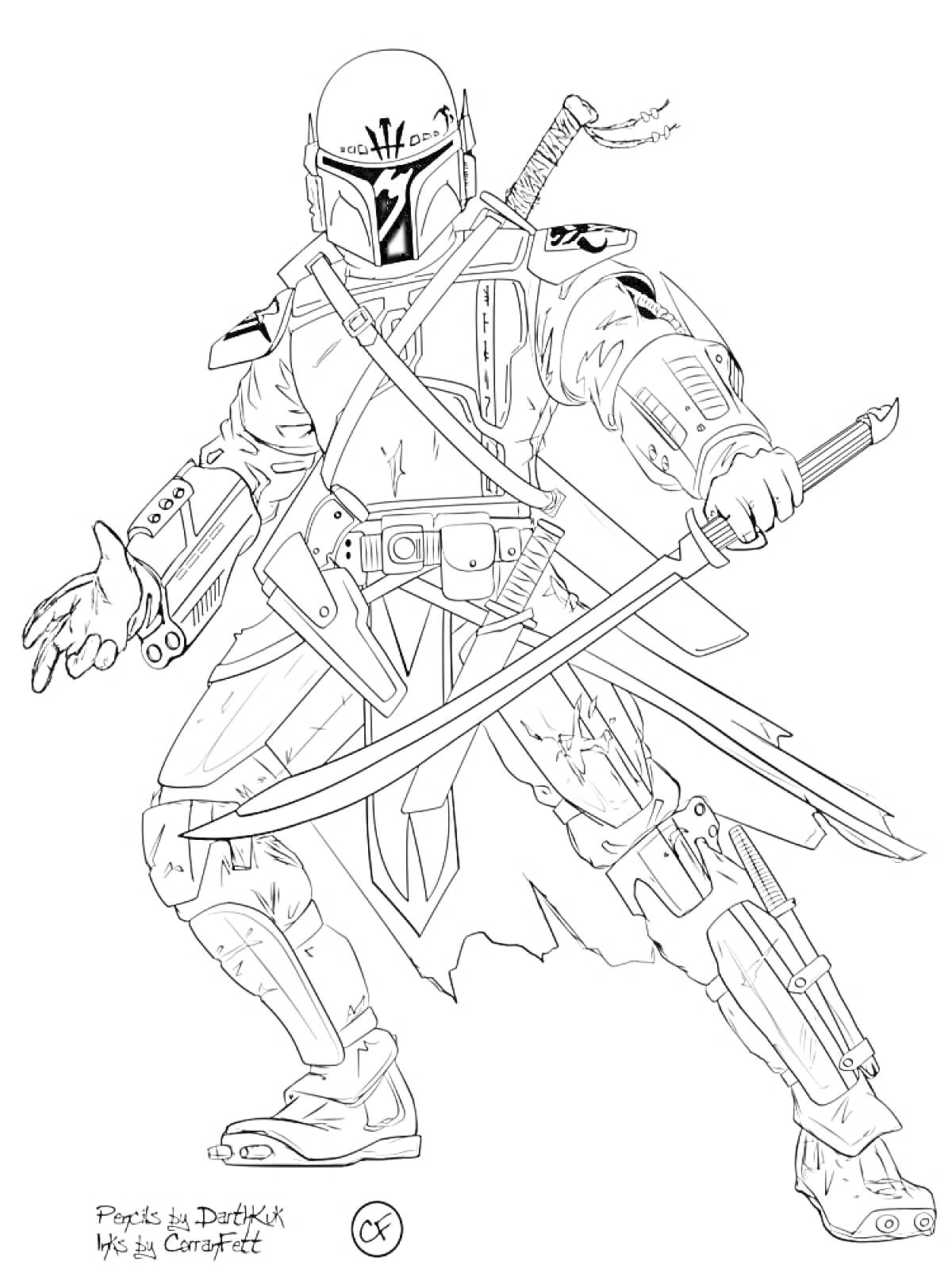Раскраска Мандалорец с двумя мечами и ножнами на спине