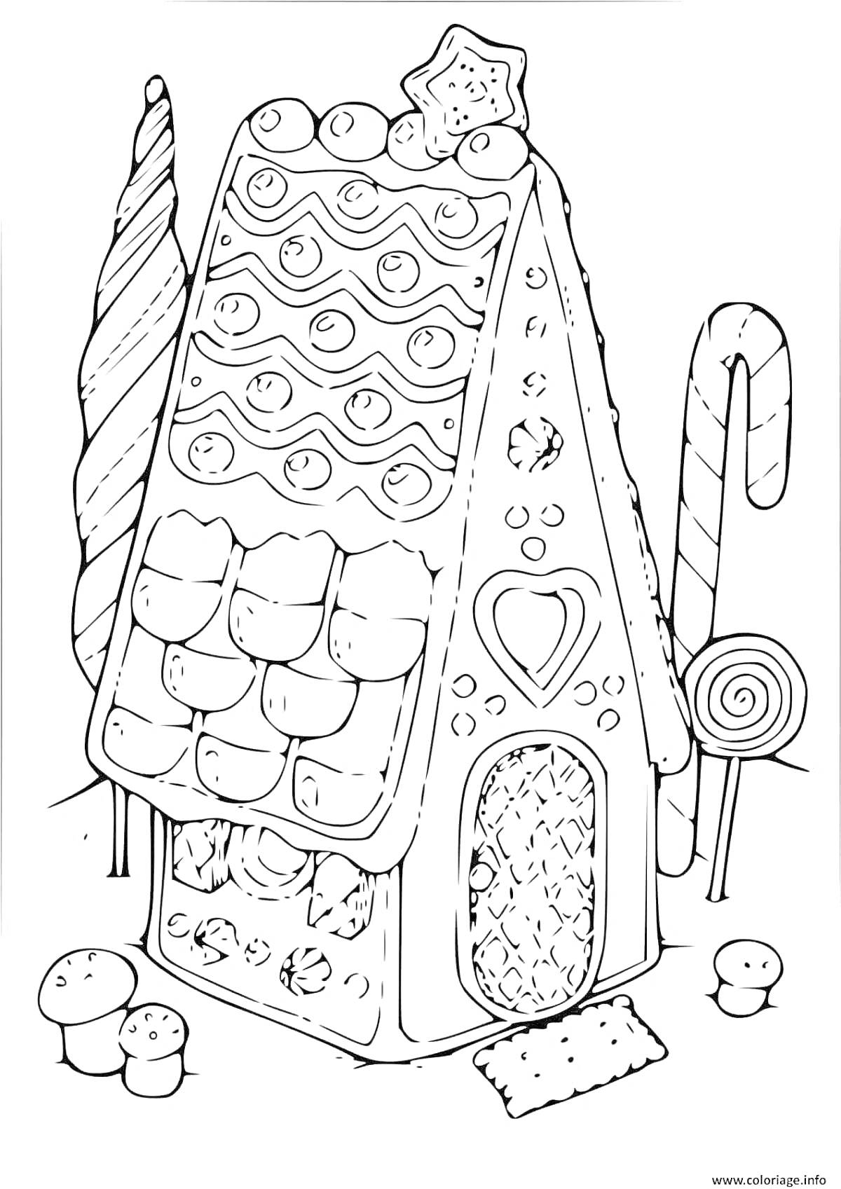 Раскраска Новогодний пряничный домик с украшениями: конфетные трости, леденцы, грибочки, звезда на крыше