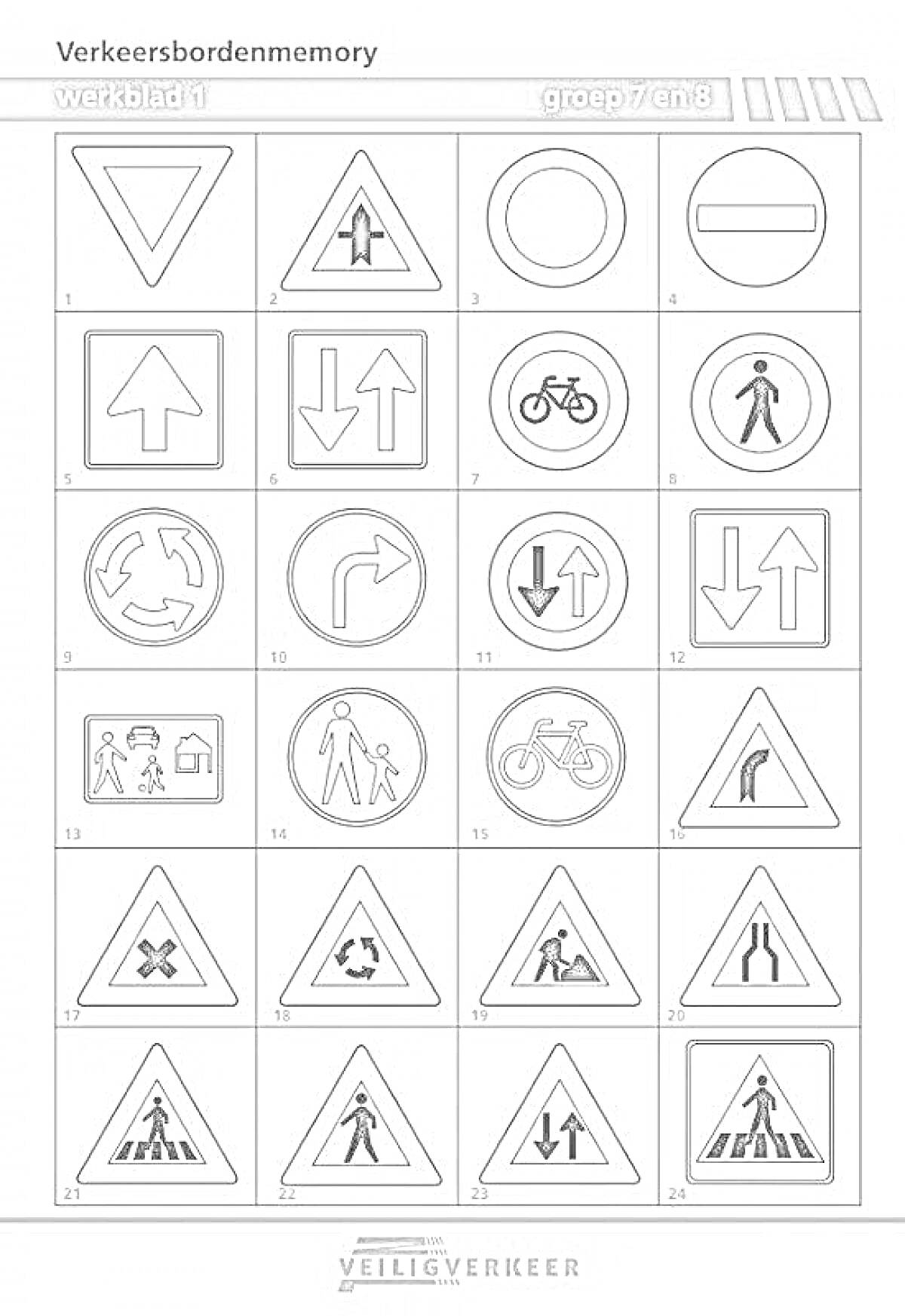 Раскраска Дорожные знаки различной тематики с элементами: велосипедистами, пешеходами, стрелками, кругами, треугольниками и прочими символами