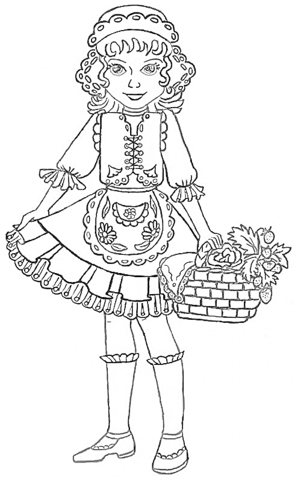 Раскраска Девочка в новогоднем костюме с корзиной цветов