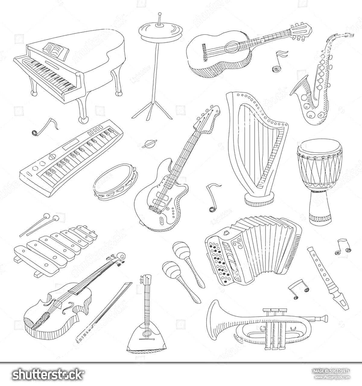 Раскраска Музыкальные инструменты: рояль, литавры, классическая гитара, саксофон, синтезатор, бубен, электрогитара, арфа, джембе, ксилофон, скрипка, балалайка, флейта, аккордеон, духовой инструмент