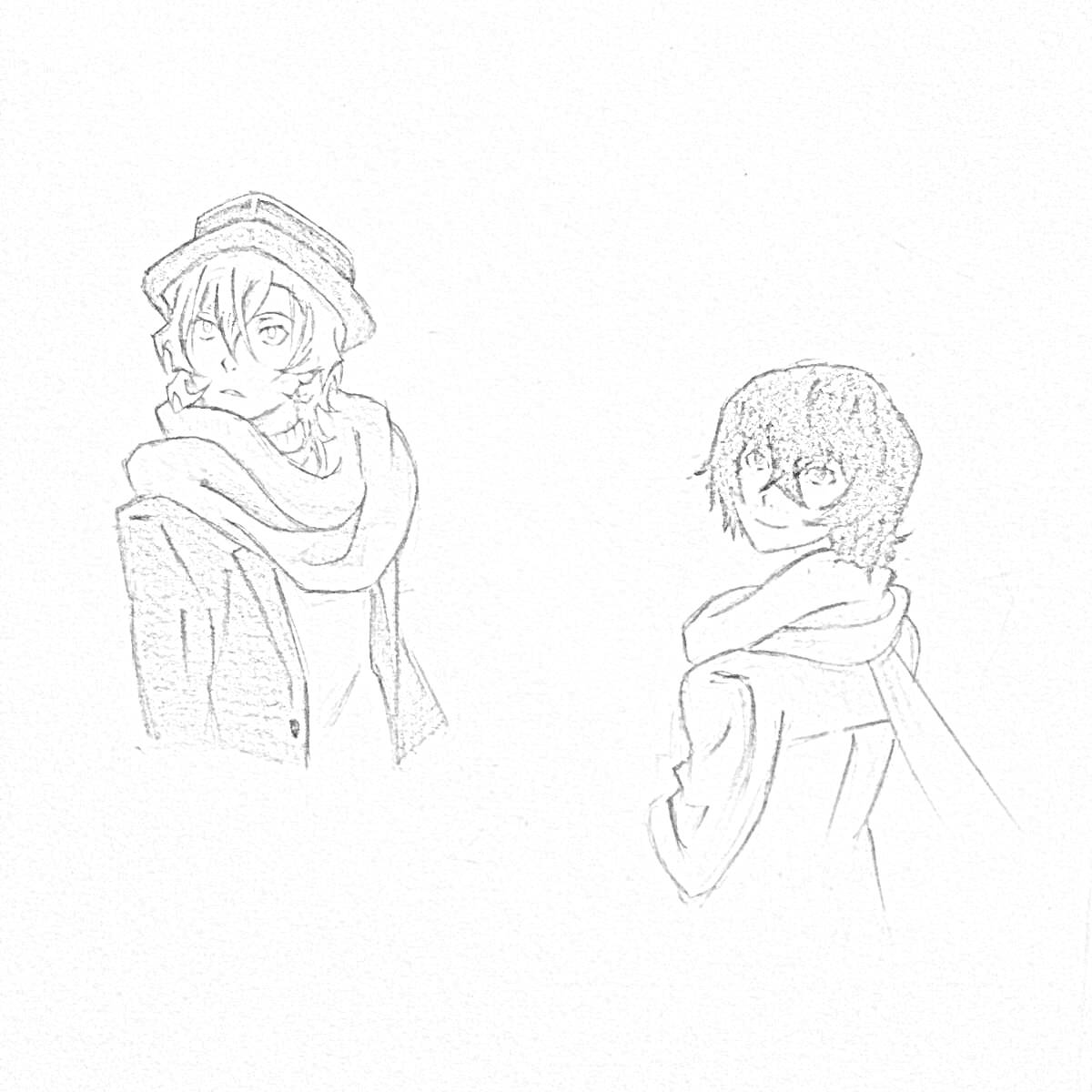 Раскраска Две аниме-персонажа в шарфах - один с шляпой, другой с короткими волосами