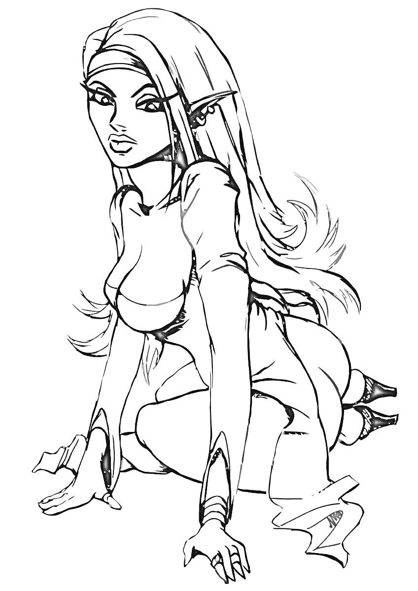 Раскраска Эльфийка из игры Дота, сидящая на земле в наряде героини с длинными волосами и острыми ушами