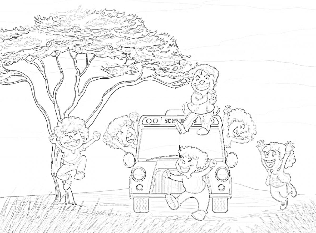 Раскраска Дети играют у школьного автобуса под деревом в саванне