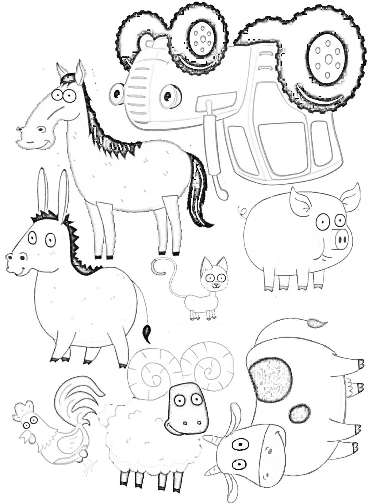 На раскраске изображено: Синий трактор, Лошадь, Осел, Петух, Корова, Животные