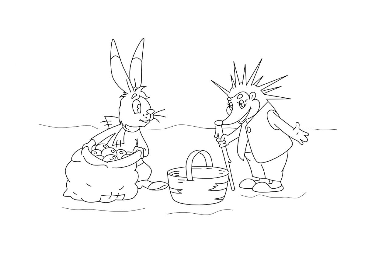 Раскраска Кролик с мешком яблок и ёж с корзиной