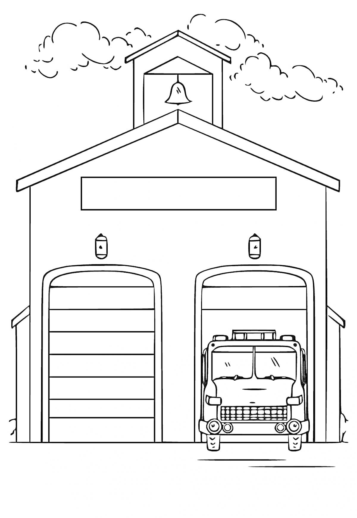 На раскраске изображено: Пожарная станция, Пожарная машина, Гараж, Колокол, Здание, Пожарные, Спасатели, Облака
